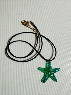 Resin Green Starfish Pendant Necklace with Black Cord